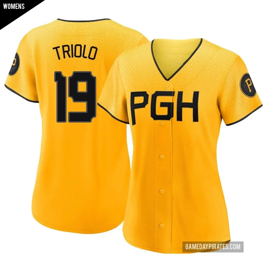 Women&#039;s Pittsburgh Pirates &#65283;19 Jared Triolo Replica Gold 2023 City Connect Jersey